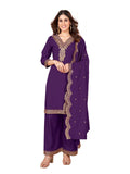 Pratham Blue Kurta Set for Women Silk Embroidered Straight Kurta Set for women with Palazzos and Dupatta (PB-6170-S_Purple)