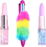 Eclet 3Pc Unique Stationery Combo 6in1 Soft Fur Pen & 2 Fancy Lipstick Pens Ball Pen (Ink Color Multicolor)