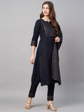 Anni Designer Women'S Cotton Straight Kurta With Pant & Dupatta (Kptd-Cot-10069-Navy Blue_Xxl_Dark Blue_Xx-Large),Dark Blue,2XL,Cotton,Straight,Pants, Dupatta