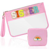 2 Pcs Big Sister Gifts Cosmetic Makeup Bag with Chenille Letter Patch,with Handles PVC Waterproof Clear Makeup Bag,Portable Toil