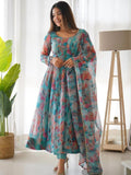 Wedani Women Floral Print Anarkali Kurta With Pant And Duptta (Small Blue),Blue,S,Georgette,Anarkali,1 Kurta and 1 Pants with Dupatta