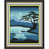 Heavenglow Stamped Cross Stitch Kits 11Ct Needlework Kits Moonlight Over Lotus Pool| Embroidery Cloth, PreSorted Thread, 2 Ne