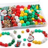 Kovict 100Pcs 12mm 15mm Christmas Focal Silicone Beads for Keychain Bracelet Making, 8mm Rondelle Rhinestone Spacer Beads for Pe