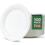 TaidMiao 7-Inch White Paper Plates 100 Pack - 100% Compostable Dessert Plates | Leakproof Disposable Plates for Party, Microwave