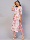 Anni Designer Women'S Cotton Blend Printed Straight Kurta With Pant (Ps-Pink-Nw_L_Pink_Large),Pink,L,Cotton Blend,Regular,kurta