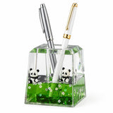 MARSYLEC Panda Pen Holder with Green Liquid Filled Acrylic Desk Organiser | 3 Pen Capacity Crystal Square Pen Stand with Glitter