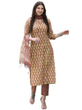 Gosriki Women'S Cotton Blend Straight Printed Kurta With Pant & Dupatta (Nasi Peach-Gs_L_Peach_Large),Peach,,B0CGD6X6T6