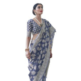 MADHUHANSH Lucknowi Womens Chikankari Woven Cotton Linen Saree with Blouse Saree for Women, grey, 6 YARD