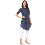 Fabindia Women Cotton Printed Knee Length Kurta Blue_Xl