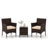 Tangkula 3 Pieces Patio Rattan Furniture Set, Outdoor Conversation Set with PE Wicker Armchairs, Tempered Glass Top Coffee Table