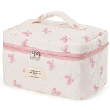 Large Travel Quilted Makeup Bag,Cute Bow Cotton cosmetic bag, Fashionable aesthetic makeup bag,Coquette Aesthetic Floral Travel