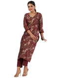 Anni Designer Women'S Rayon Blend Straight Printed Kurta With Pant (Kivala Wine_Xl_Wine_X-Large),Wine,XL