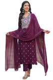 Gosriki Women'S Cotton Blend Straight Printed Kurta With Pant & Dupatta (Sawre Wine-Nw-Gs_L_Wine_Large),Wine,,B0CQPHYW25