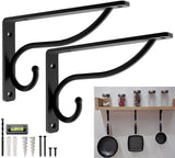 Closet Rod Bracket, 12 Inch - 14 Inch Hook Shelf Brackets Heavy Duty Wall Mounted, Black Closet Rod Support Brackets for Curtain