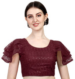 Pujia Mills Women's Shipali Net Work Ruffle Sleeves Readymade Saree Blouse (Shipli Jhadu Maroon_Maroon_38 Size + Margin)