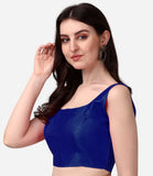 Pujia Mills Women'S Deep Neck Silk Sleeveless Readymade Blouse (Navy Blue, 32)