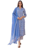 Gosriki Women'S Cotton Blend Straight Printed Kurta With Pant & Dupatta (Vati Veda-Blue-Gs_S_Blue_Small),Blue,,B0C96D7ZD4