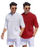 Bellstone Men'S Cotton Blend Solid Regular Dress Shirt (Kurta1500_Combo_White & Maroon_L