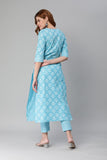 Anni Designer Women'S Cotton Blend Printed Straight Kurta With Pant (Sarva-Stone Blue_L_Dark Blue_Large),Stone Blue,L,Cotton Blend,Regular,kurta