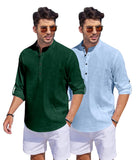 Bellstone Men'S Cotton Blend Solid Regular Dress Shirt (Kurta1500_Combo_D Green & Sky_L_Dark
