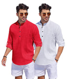 Bellstone Men'S Cotton Blend Solid Regular Dress Shirt (Kurta1500_Combo_Red & White_Xl