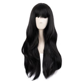 MapofBeauty 28 Inch/70 cm Long Curtain Bangs Synthetic Fiber Wavy Curly Heat Resistant Cosplay Party Wig (Black)