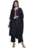 Libas Blue Yoke Design Silk Blend Straight Kurta With Trousers & Dupatta
