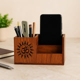 DivineCraftedArt Wooden Pen Stand with Mobile Holder (6.75 x 3.75 x 2.5 Inch) | Handcrafted MDF Desk Organizer with OM Design fo