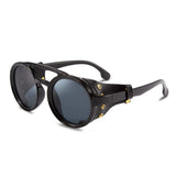 Feisedy Retro Round Steampunk Sunglasses Women Men Vintage Eyewear Light Plastic Frame With Leatherwear B2532 -Like New