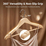 30-Pack Wood-Look Plastic Hangers, Non-Slip Velvet Finish, 360° Swivel Hook