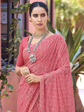 Satrani Womens Chiffon Foil Printed Saree With Unstitched Blouse Piece (3160S221N_Pink & Golden)