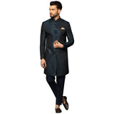KISAH Men's Royal Blue Indo Western Sherwani Trousers Set, Cotton Full Sleaves, Knee Length, Straight, Regular Fit, Mandarin Col