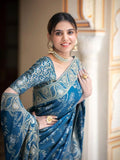 Flosive Women'S Kanjivaram Silk Saree With Weaving Work Gold Zari With Blouse Piece (Teal Blue)