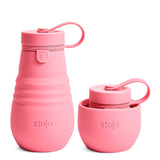 STOJO Jr Collapsible Bottle for Kids - Peony Pink, 14oz / 400ml - Leak-Proof Reusable Silicone Travel Cup for Hot & Cold Drinks