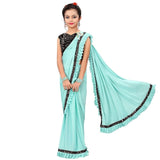 Dhyey Fashion Girls Ruffle Pattern Lycra Blend Saree With Seamless Velvet Blouse Sky 10-11 Ao - Xl -Like New