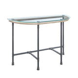 Benjara End Wood Side Table, Oval Tempered Top, Metal Pipe Style Legs, Clear Glass, Sandy Gray