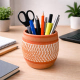 Pure Source India Handcrafted Terracotta Pen Holder Multipurpose Desk Organizer, for Office, Home, Makeup Brushes & Utensils
