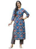 Anni Designer Women'S Cotton Blend Straight Printed Kurta With Pant (Kagali Blue_S_Blue_Small),Blue,S