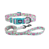 Olahibi Dog Collar Leash Set, Floral Pattern, Polyester Material, Adjustable Collar and 5ft Matchcing Leash, for Medium Dogs.(M, Green Lily)