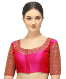 Pujia Mills Women's Embroidery Handwork Sequence Work Necklace Design Readymade Blouse (Dark Pink, 32)