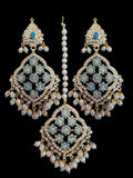 DJET91 Mehru Jadau chandbali earrings tika in turquoise/feroza pearls ( READY TO SHIP )