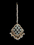 DJET91 Mehru Jadau chandbali earrings tika in turquoise/feroza pearls ( READY TO SHIP )