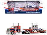 Peterbilt 589 with 44 Flat Top Sleeper Red with Blue Stripes and Fontaine Renegade LXT40 Lowboy Trailer with Peterbilt 359 Load