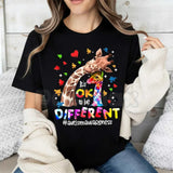 "Different is Beautiful" Artistic Giraffe T-Shirt – Autism Awareness Hearts & Puzzle Print, Premium 100% Cotton Neurodiversity Top, Soft Lived-In Heavyweight Women's Advocacy Wear, Made in USA