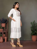Rangita Off White Rayon Calf Length Embroidered Tiered Flared Kurti | Kurta For Women_Xl