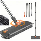 3in1 Floor Scrub Brush with Long Handle, Rotating Head Squeegee & Tweezer