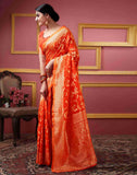 Sugathari Womens Banarasi Saree Pure Kanjivaram Silk Saree Soft New Ladies 2023 Design Wear Pattu Sarees Latest Party Sari Collections With Blouse Piece For Wedding Sadi (San Pari-187 Orange)