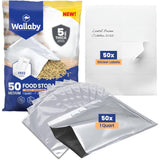 Wallaby 50 Count 1-Quart Mylar Bags with Labels, 10 Mil Total Thicker Long-Term Food Storage Pouches, 7x10 Heat-Sealable Airtigh