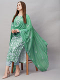 Anni Designer Women'S Cotton Blend Straight Printed Kurta With Pant & Dupatta (Mei Green-Nw_S_Green_Small),Green,S,,,