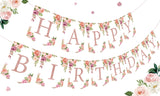 Rose Gold Floral Birthday Decorations for Women Girls - Floral Theme Glittery Happy Birthday Banner for Home Wall Mantel Window